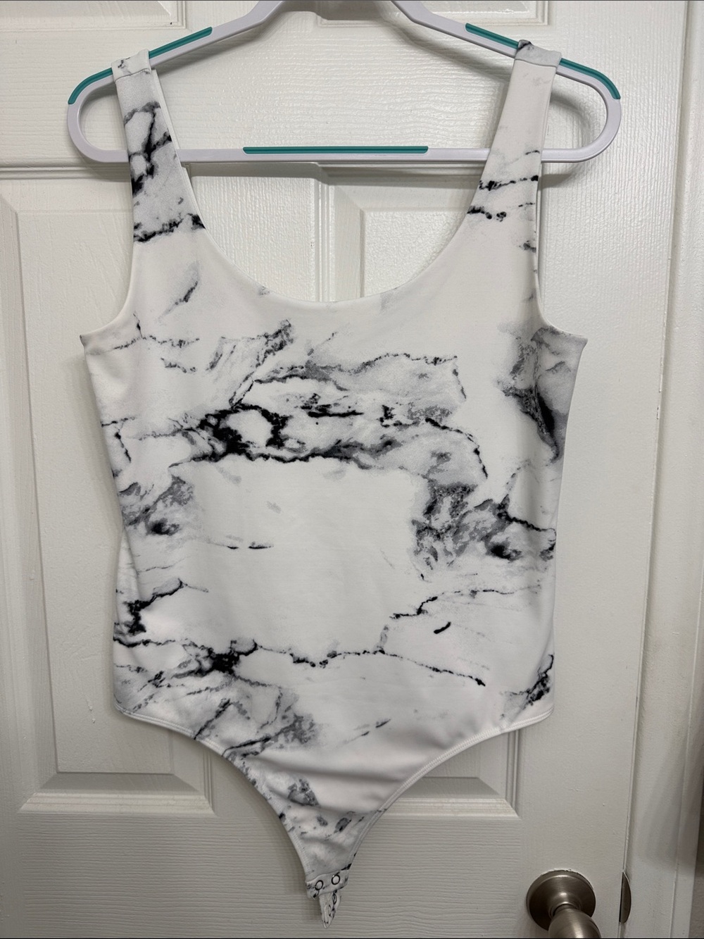 Express White Body Contour Tank Top Bodysuit with Black Marble Print